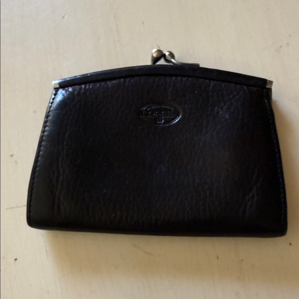 * Vintage Fossil Brown Leather Kiss-Lock Coin Purse Small Wallet